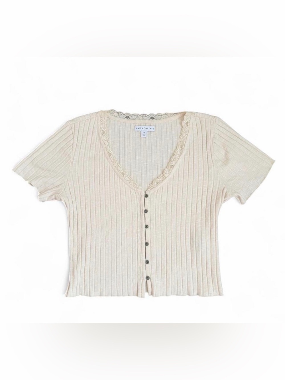 Cream Ribbed Lace-Trim Button Front Top